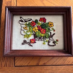 Vintage Crewel — Floral Embroidered in Wooden Frame